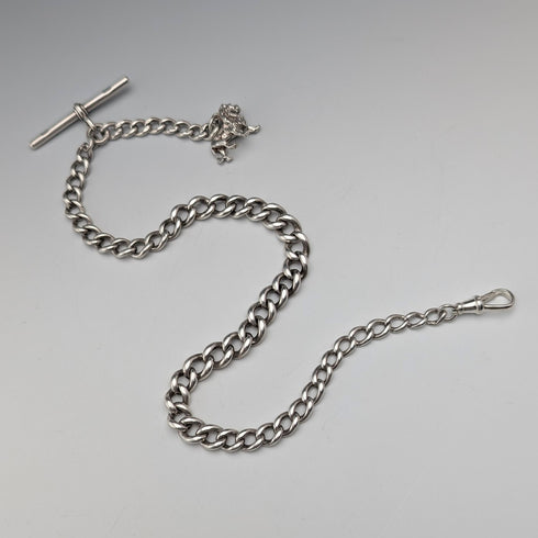 1900年頃 英国アンティーク 純銀製アルバートチェーン 41g 純銀ライオンパサントフォブ