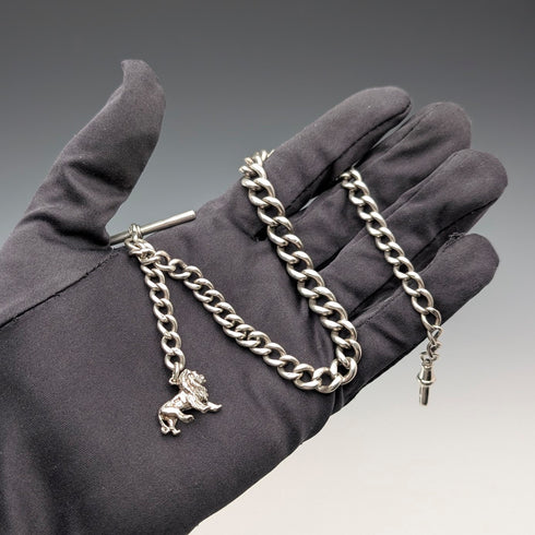 1900年頃 英国アンティーク 純銀製アルバートチェーン 41g 純銀ライオンパサントフォブ
