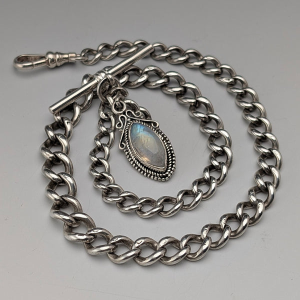 Circa 1900 British antique sterling silver Albert chain, 38g, moonstone fob