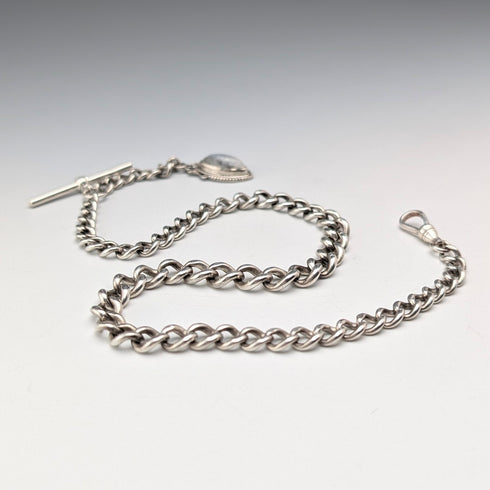 1900年頃 英国アンティーク 純銀製アルバートチェーン 38g ムーンストーンフォブ