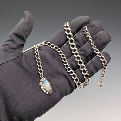 1900年頃 英国アンティーク 純銀製アルバートチェーン 38g ムーンストーンフォブ