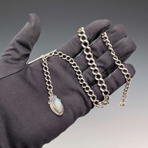 1900年頃 英国アンティーク 純銀製アルバートチェーン 38g ムーンストーンフォブ