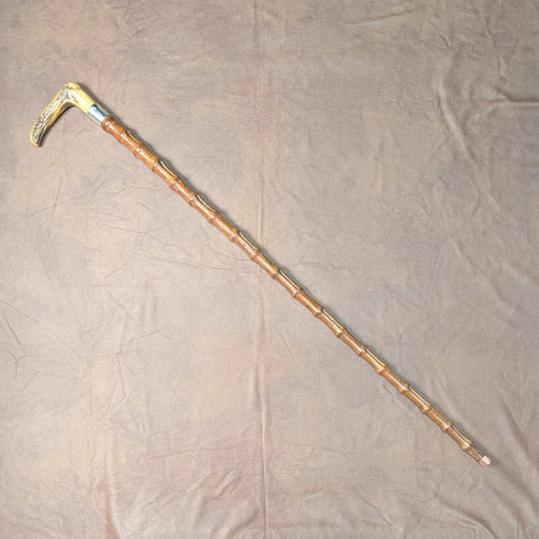 1901 British antique bamboo shaft L-shaped antler handle pure silver decoration walking stick 81cm