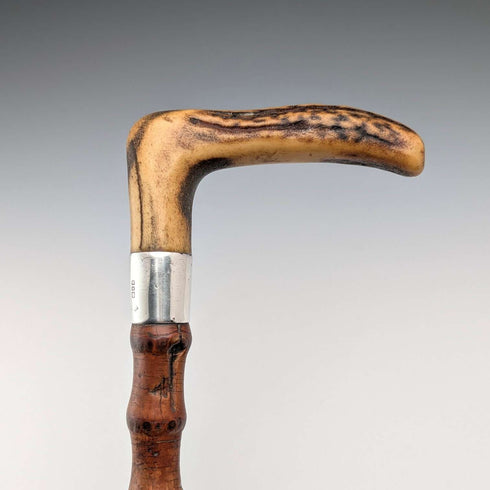 1901 British antique bamboo shaft L-shaped antler handle pure silver decoration walking stick 81cm