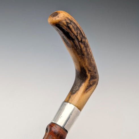 1901 British antique bamboo shaft L-shaped antler handle pure silver decoration walking stick 81cm