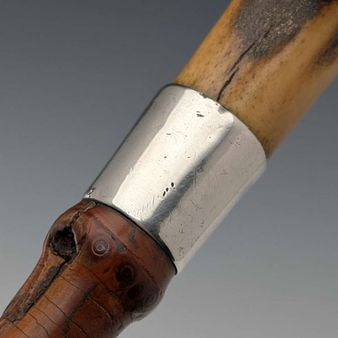 1901 British antique bamboo shaft L-shaped antler handle pure silver decoration walking stick 81cm