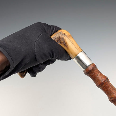 1901 British antique bamboo shaft L-shaped antler handle pure silver decoration walking stick 81cm