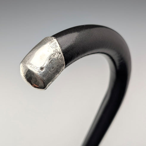 1923 British antique gentleman's curved handle pure silver decorated walking stick, 94cm, Kendall & Sons
