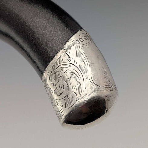 1923 British antique gentleman's curved handle pure silver decorated walking stick, 94cm, Kendall & Sons