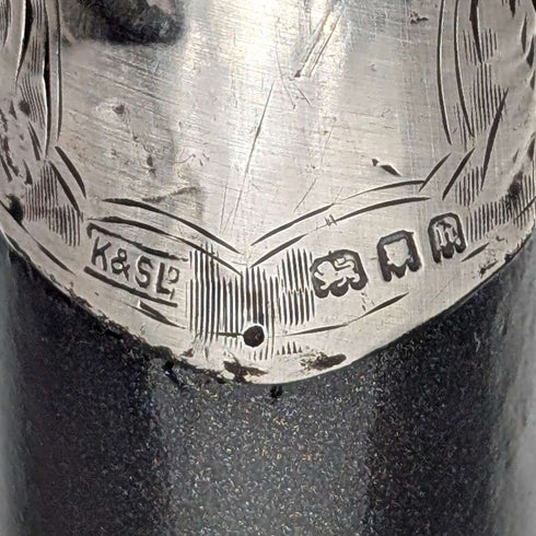 1923 British antique gentleman's curved handle pure silver decorated walking stick, 94cm, Kendall & Sons