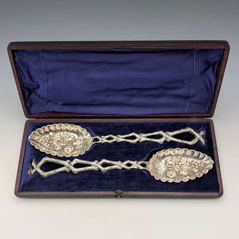 Late 19th Century British Antique Silver Plate Berry Spoons Pair in Case