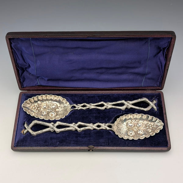 19 世紀末英國古董鍍銀漿果勺一對(帶盒)