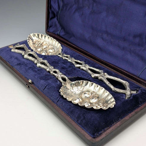 Late 19th Century British Antique Silver Plate Berry Spoons Pair in Case