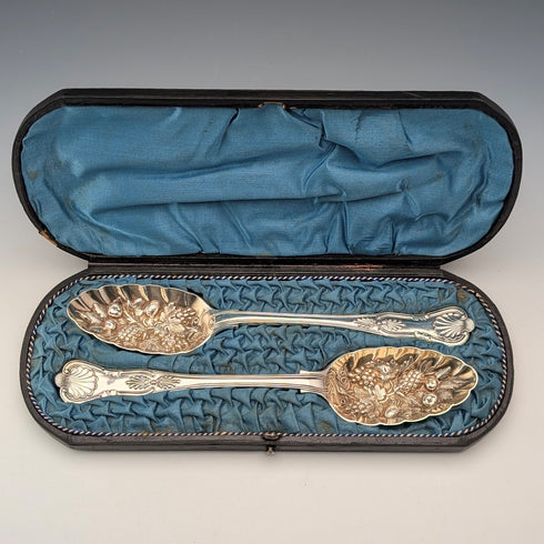 Late 19th Century British Antique Silver Plate Berry Spoons Pair Walker & Hall with Case