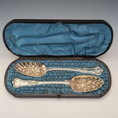 Late 19th Century British Antique Silver Plate Berry Spoons Pair Walker & Hall with Case