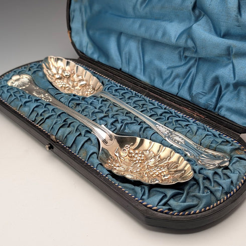 Late 19th Century British Antique Silver Plate Berry Spoons Pair Walker & Hall with Case