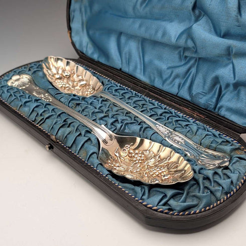 Late 19th Century British Antique Silver Plate Berry Spoons Pair Walker & Hall with Case