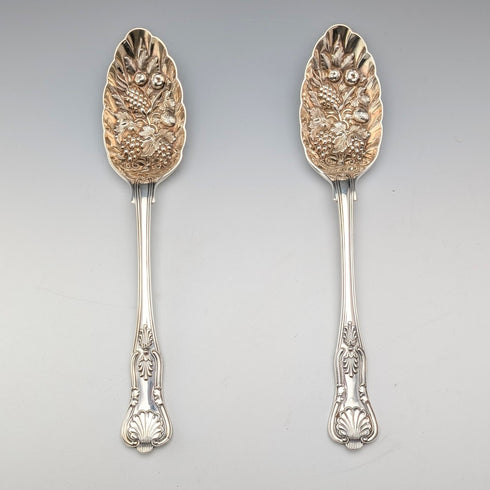 Late 19th Century British Antique Silver Plate Berry Spoons Pair Walker & Hall with Case