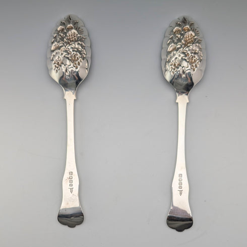 Late 19th Century British Antique Silver Plate Berry Spoons Pair Walker & Hall with Case