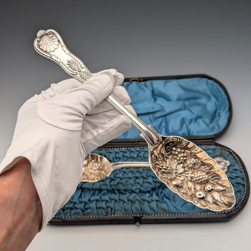 Late 19th Century British Antique Silver Plate Berry Spoons Pair Walker & Hall with Case