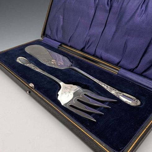 Late 19th Century British Antique Silver Plate Serving Cutlery Pair in ABS Case