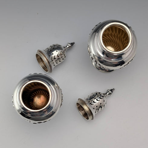 1892 British antique sterling silver sugar shaker pair, 145g total, Possibly Sibray Hall & Co, case included