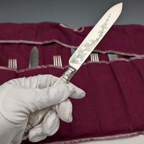 1890年頃 英国アンティーク 白蝶貝ハンドル 純銀装飾 デザートカトラリー6ペア Allen&Darwin