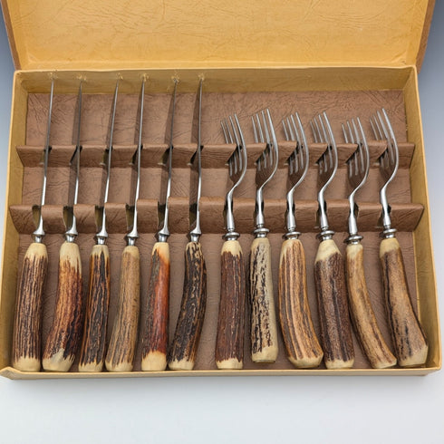 British Vintage Antler Handle Steak Cutlery Set of 6 Pairs Lancelott of Sheffield