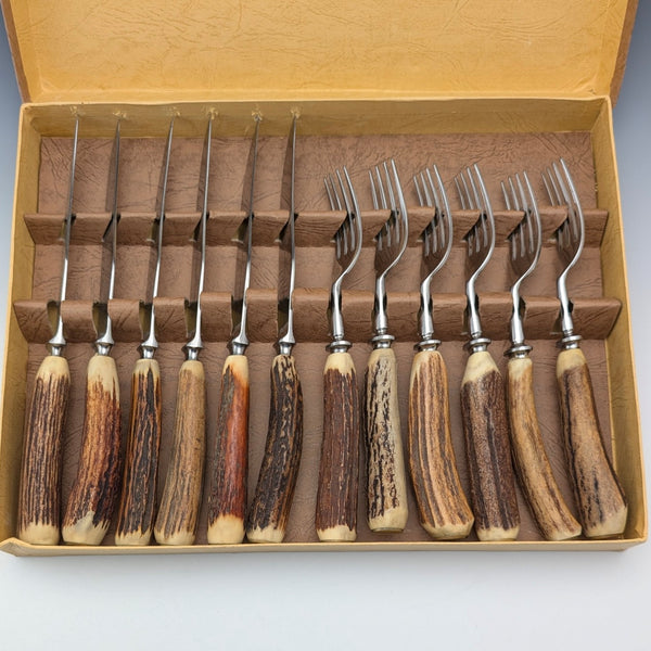 British Vintage Antler Handle Steak Cutlery Set of 6 Pairs Lancelott of Sheffield
