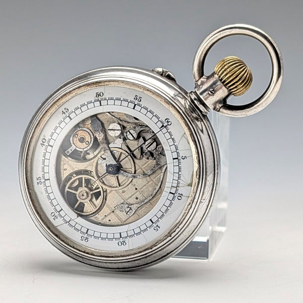 Swiss antique unsigned double-sided chronograph pocket watch 800 silver case in good working condition
