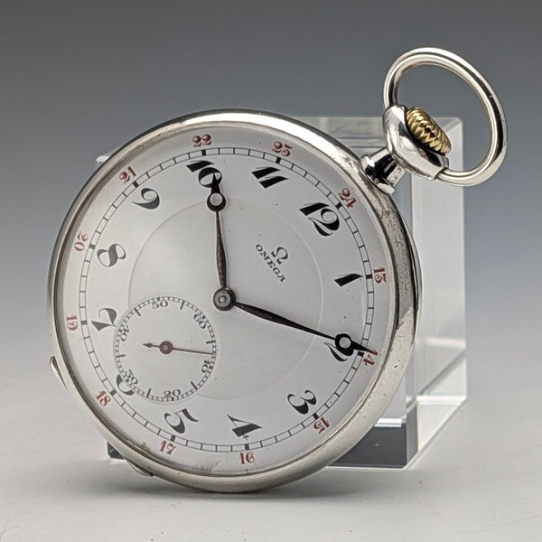 Circa 1915 Antique Omega Pocket Watch, Silver Thin Open Face, Good Working Condition
