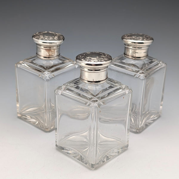 1867 British antique silver-capped glass bottles, set of three, James Vickery