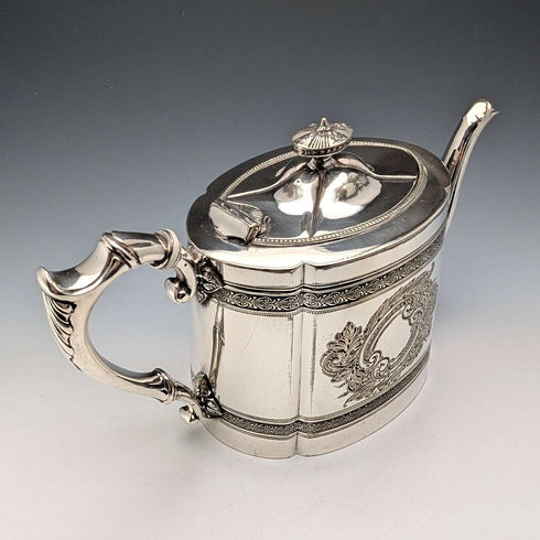 Circa 1900 British antique silver plate drum teapot James Dixon & Son