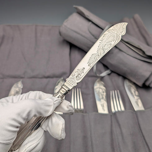 1869 British Antique All Pure Silver Fish Cutlery Set, 12 Pairs, Total Weight 1161g, Mappin Brothers