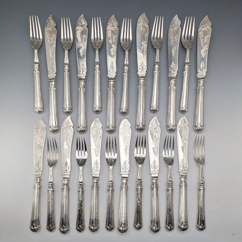 1869 British Antique All Pure Silver Fish Cutlery Set, 12 Pairs, Total Weight 1161g, Mappin Brothers