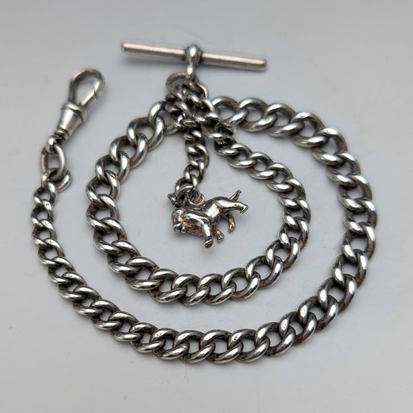 Circa 1900 British antique sterling silver Albert chain, 42g, sterling silver lion passant fob