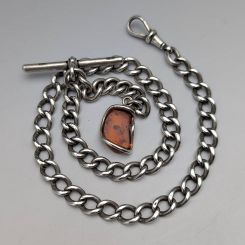 Circa 1900 British antique sterling silver Albert chain 40g sterling silver & amber fob