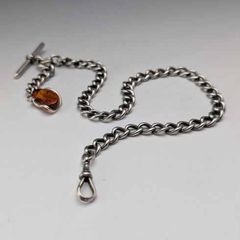Circa 1900 British antique sterling silver Albert chain 40g sterling silver & amber fob