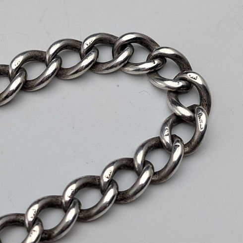 Circa 1900 British antique sterling silver Albert chain 40g sterling silver & amber fob