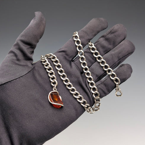 Circa 1900 British antique sterling silver Albert chain 40g sterling silver & amber fob