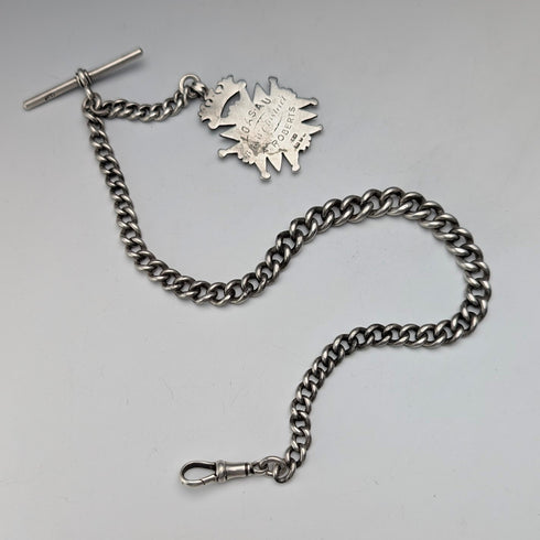 Circa 1900 British antique sterling silver Albert chain, 56g sterling silver medal fob