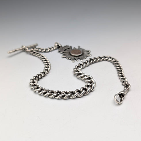 Circa 1900 British antique sterling silver Albert chain, 56g sterling silver medal fob