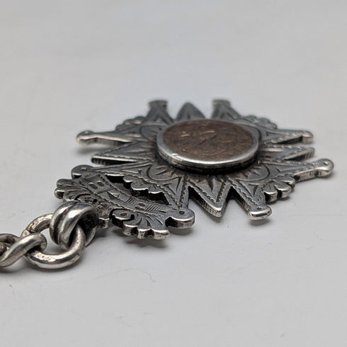 Circa 1900 British antique sterling silver Albert chain, 56g sterling silver medal fob