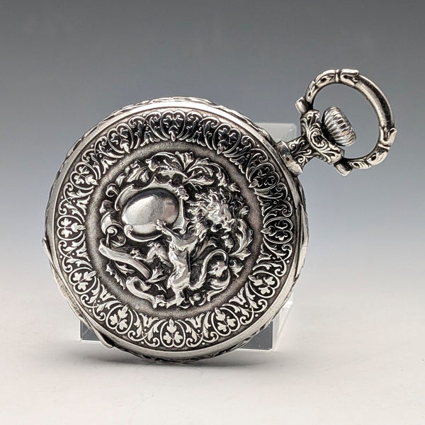 1901年頃 アンティーク ロンジン 懐中時計 細密浮彫彫刻 銀側ハンターケース 動作良好