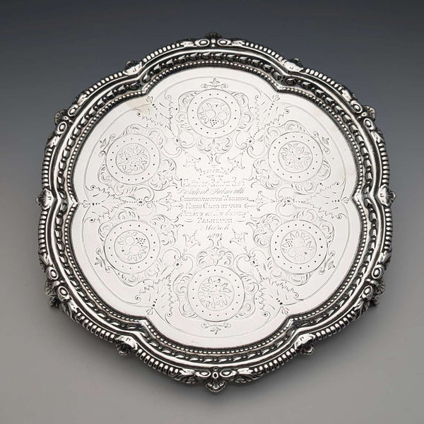 1893年 英国アンティーク 純銀製サルヴァ カードトレイ直径23cm 413g Charles Boyton