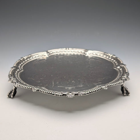 1893年 英国アンティーク 純銀製サルヴァ カードトレイ直径23cm 413g Charles Boyton