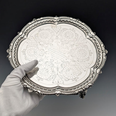 1893年 英国アンティーク 純銀製サルヴァ カードトレイ直径23cm 413g Charles Boyton