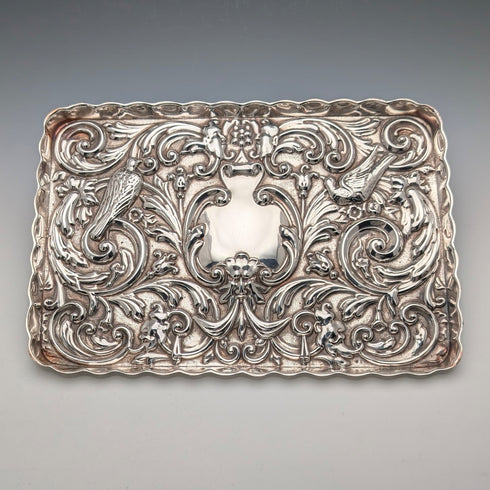 Circa 1900 British antique silver plate relief carved dressing table tray