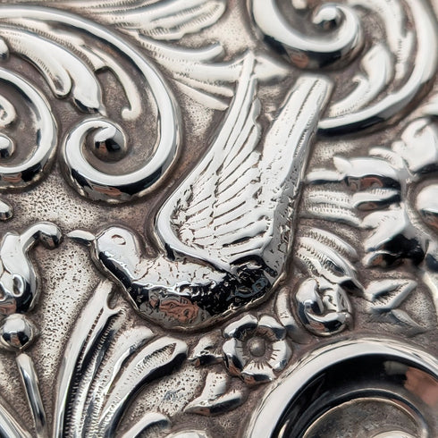 Circa 1900 British antique silver plate relief carved dressing table tray