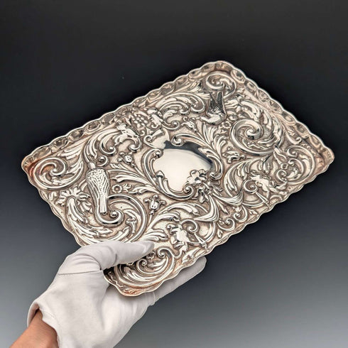 1900年頃 英国アンティーク シルバープレート製 レリーフ彫刻 ドレッシングテーブルトレイ